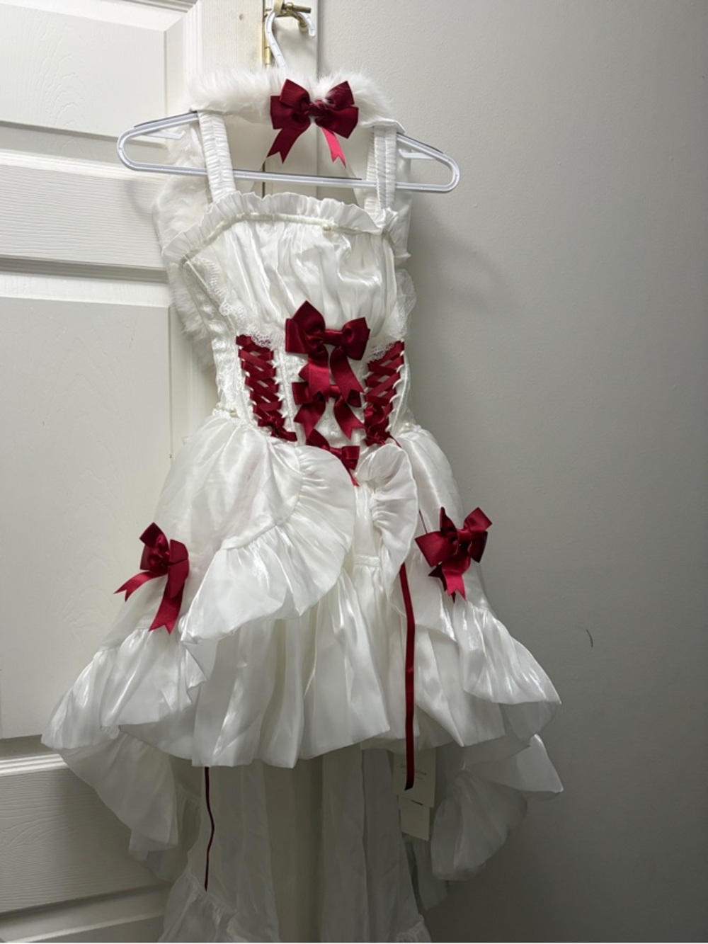 White High-Low Party Dress with Burgundy Bows
